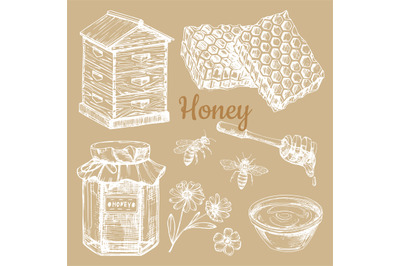 Hand sketched honey vector elements - bee, honeycombs, jars