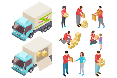 Isometric delivery service with people and truck vector set