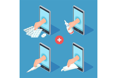 Mobile medicine help&2C; online pharmacy app isometric vector icons