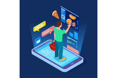 Online food store, man buys food online isometric vector concept