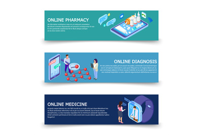 Online medicine services banners vector template with isometric concep