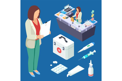 Pharmacy vector isometric set. Pharmacist at work, drugs and first aid