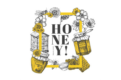 Vector hand drawn honey Illustration, background, frame template desig