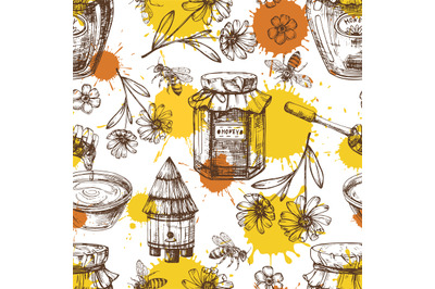 Vector honey seamless pattern with drops, flowers, honey jars