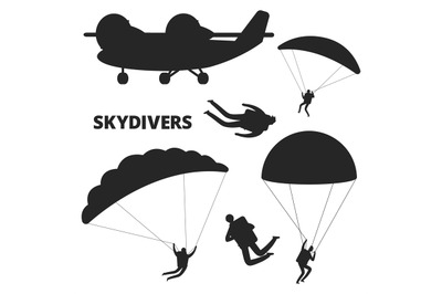 Airplane and skydivers vector silhouettes isolated on white background