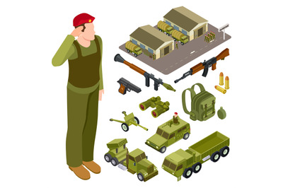 Armor weapon collection and accessorises. Soldier, military base, voll