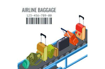 Belt transporter with different airline baggage isometric vector backg