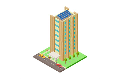 Big apartment house&2C; cars&2C; taxi and people isometric vector illustrati