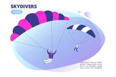 Cartoon skydivers vector background web page. Skydiving illustration