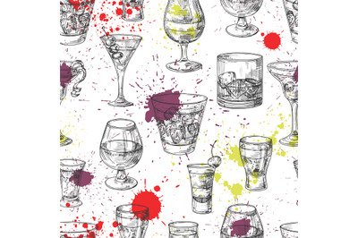 Cocktail party vector seamless pattern with hand drawn drinks and spla