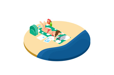 Freelance work on the beach isometric concept - girl with laptop, drin