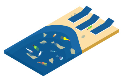 Garbage in the sea and on the beach, ocean pollution isometric vector