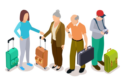 Group of tourists, isometric young and old tourists with suitcases vec