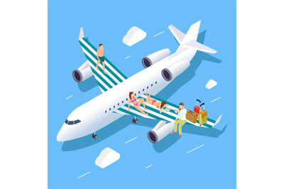 Isometric flight to summer vector concept with relaxing people, luggag