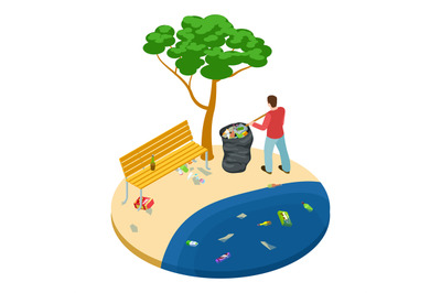 Isometric man picks up trash on the beach, water, ocean and nature pol