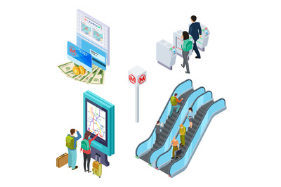 Isometric metro elements. Subway escalator, turnstile, info desk with