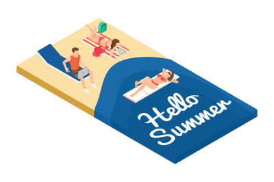 Isometric summer holidays on the beach vector concept. Freelancer and