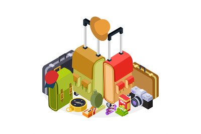 Isometric travel vector illustration. Luggage, suitcases, backpack and