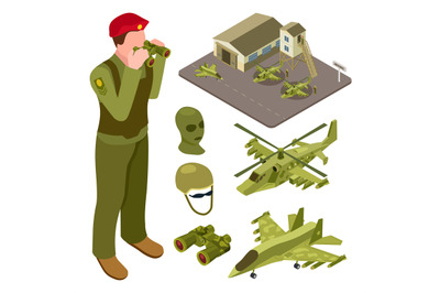 Military air force base isometric with helicopter&2C; fighter aircraft&2C; s