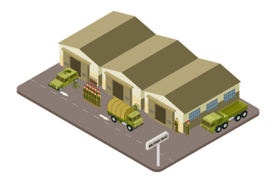 Military base with soldiers and military cars isometric vector concept