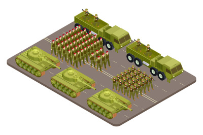 Military parade vector isometric with soldiers and military equipment