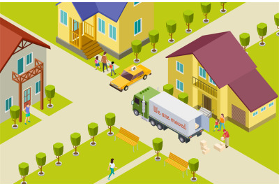 Moving isometric vector illustration. Neighborhood in a small town, ho