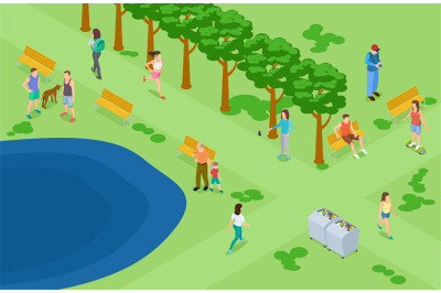 People relaxing and running in the park isometric vector background