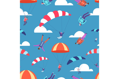 Skydivers, jumpers in sky vector seamless pattern