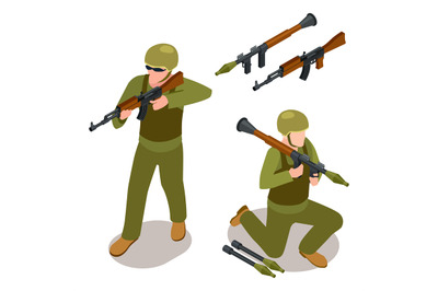 Special forces soldiers and military weapons isometric vector isolated