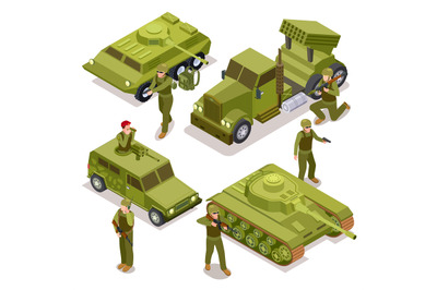 Tank&2C; soldiers and military cars. Flat 3d vector isometric illustratio