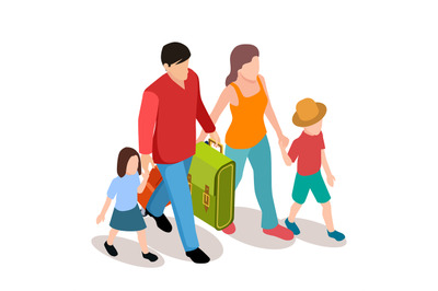 Vector family with two children traveling isometric illustration