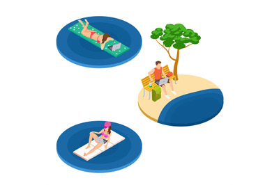 Vector isometric freelance workers on the beach working with laptop il