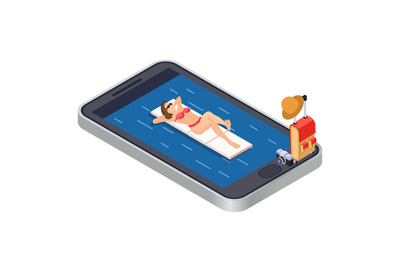 Woman relaxing with swimming mattress on sea - mobile app isometric tr