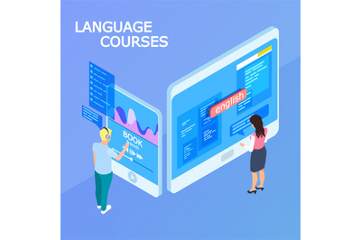 Online language courses isometric 3d vector concept