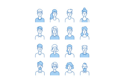 Line avatars. Happy people icons user flat outline male female avatar