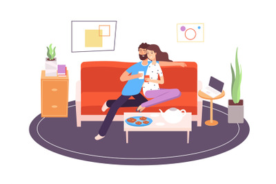 Romantic couple in room. Girlfriend and boyfriend sitting on sofa in a