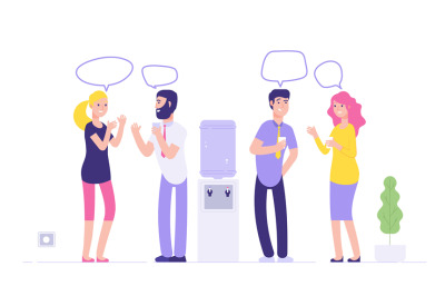 Office cooler meeting. Men women drinking water talking speech bubbles