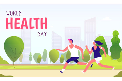 World health day background. Healthy lifestyle man woman fitness fun r