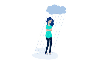 Woman rain cloud. Depressed girl feeling lonely depression unhappy tee