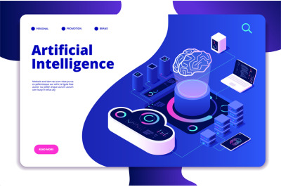 Artificial intelligence landing. Ai smart digital brain networking neu