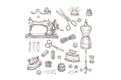 Tailor shop. Sketch sewing tools materials vintage clothes needlework