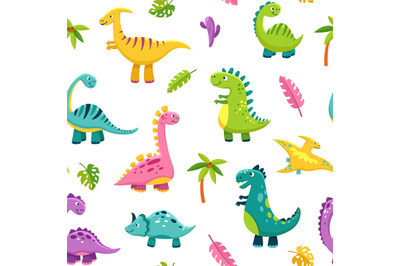 Dinosaur seamless pattern. Cartoon cute baby dino funny monsters juras