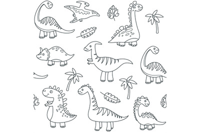 Dinosaur outline seamless pattern. Cute baby dino funny brontosaurus m