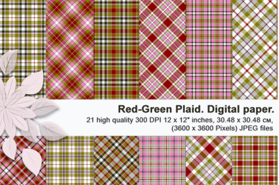 Red green Christmas plaid, digital seamless tartan.
