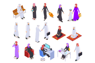 Muslim isometric. Arab 3d people, saudi business woman and man in trad