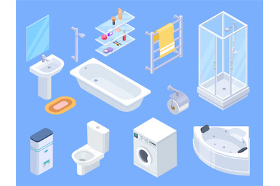 Bathroom isometric. Bathrooms interior isometrics elements, toilet wat