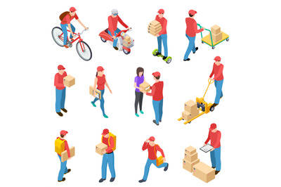 Delivery isometric. Couriers deliveries postman guys delivering box mo