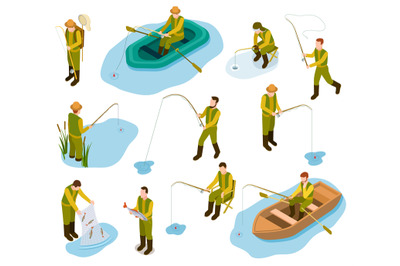 Fisherman isometric. Fishing in river pond sea tackle rubber fish buck