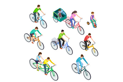 Isometric people bike. Man woman riding bikes outdoor, bicyclists. Act