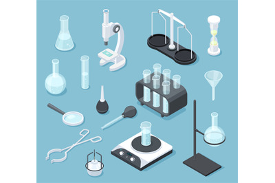 Chemical laboratory equipment isometric. Lab glasses drug testing chem